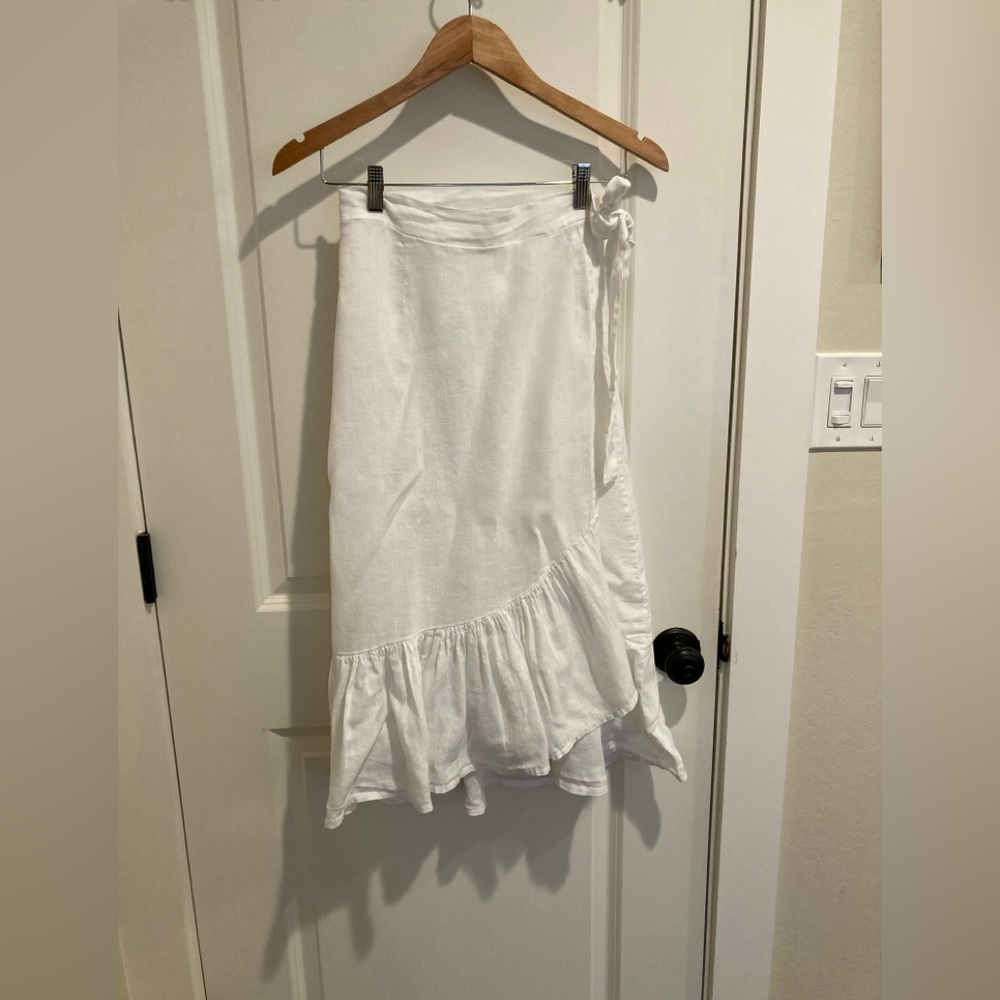 White Linen Ruffle Hem Wrap Midi Skirt - size XS/S